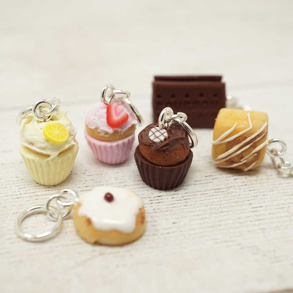 Set of miniature dessert keychains on a textured surface | Market Town Yarns