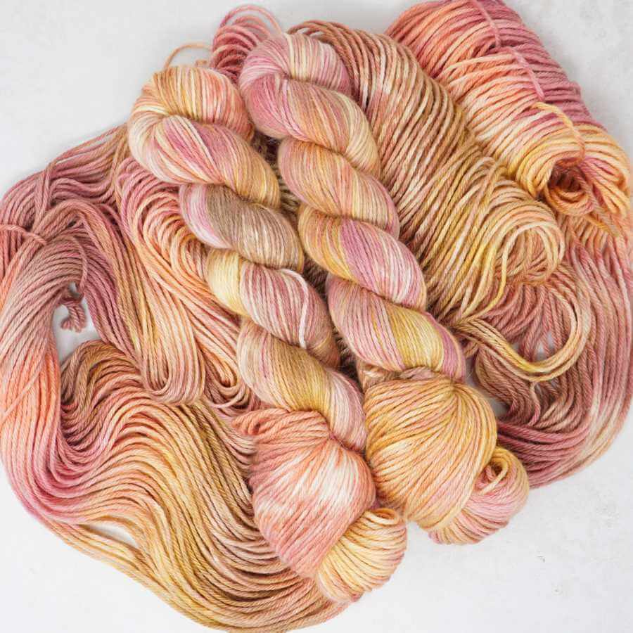 Blush & Bloom Hand Dyed Yarn colourway shown on Alpaca, silk & cashmere luxury yarn base | Market Town Yarns