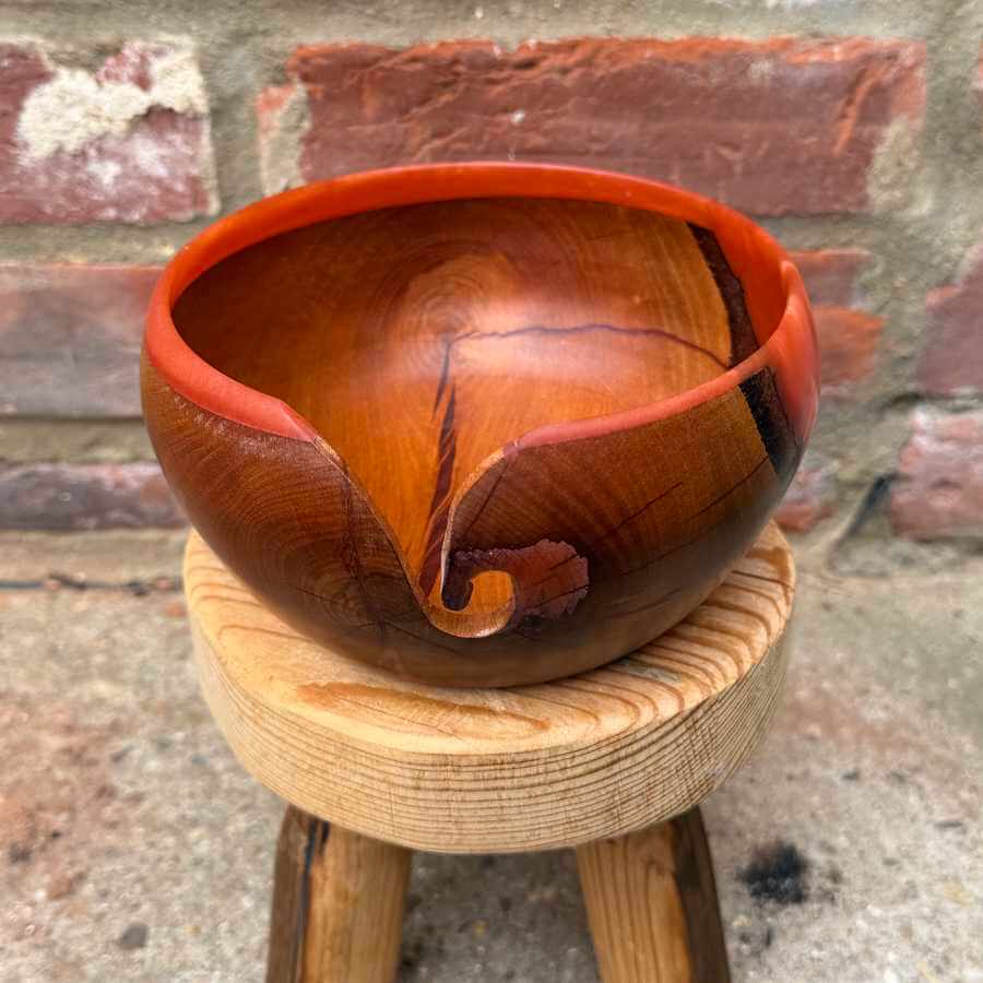Cherry Wood & Orange / Pink Resin Handmade Yarn Bowl | Market Town Yarns