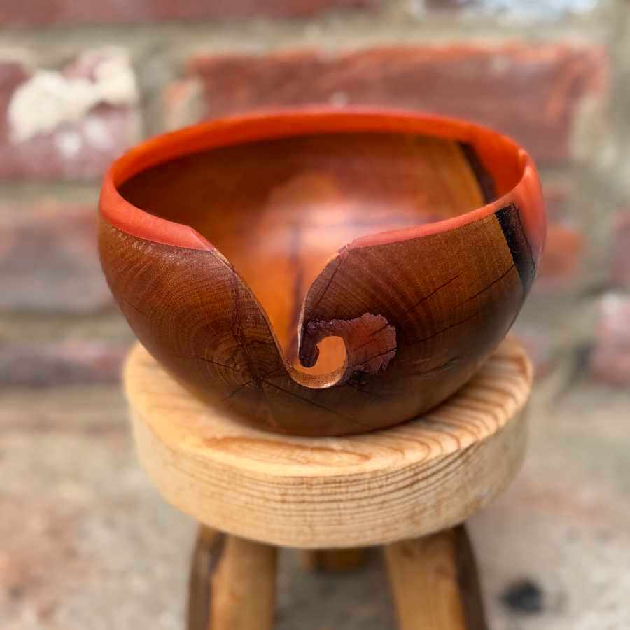 Cherry Wood & Orange / Pink Resin Handmade Yarn Bowl | Market Town Yarns