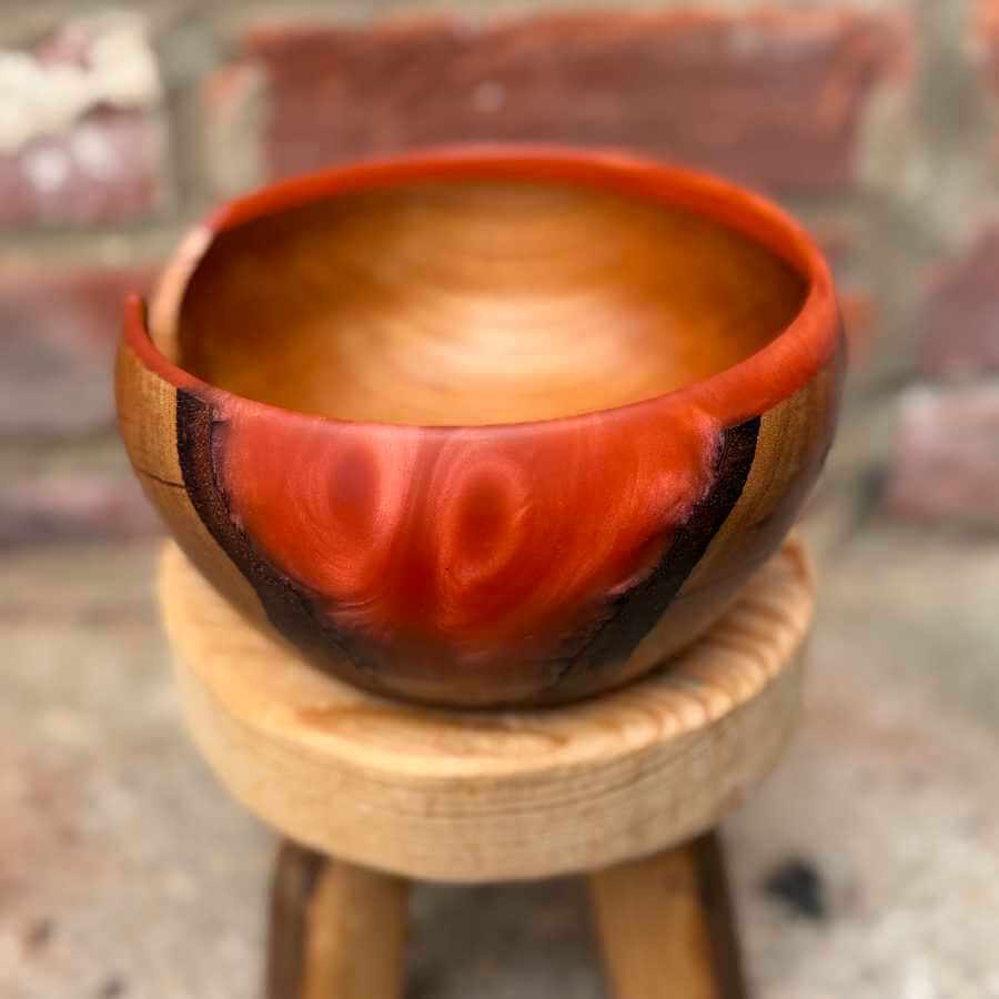 Cherry Wood & Orange / Pink Resin Handmade Yarn Bowl | Market Town Yarns