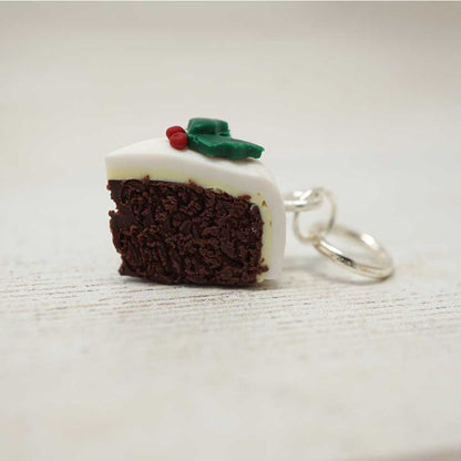 Handmade Polymer Clay Stitch Marker / Progress Keeper - Christmas Cake shown with fixed ring fitting | Market Town Yarns