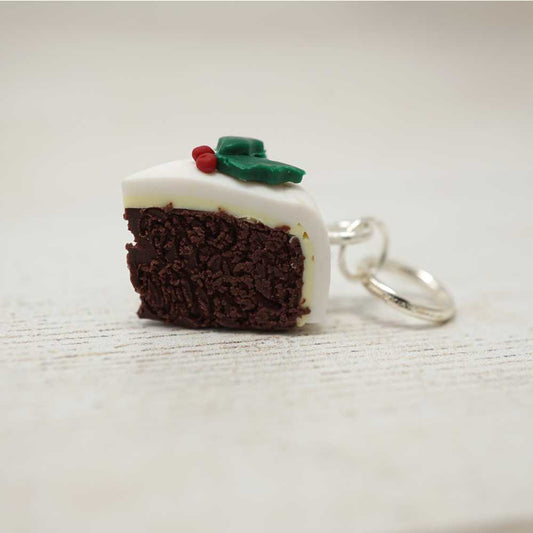Handmade Polymer Clay Stitch Marker / Progress Keeper - Christmas Cake shown with fixed ring fitting | Market Town Yarns