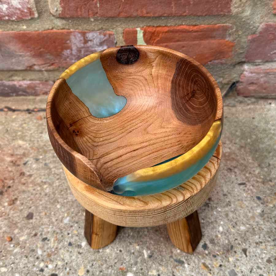 Golden Elm Wood & Blue Resin Handmade Yarn Bowl | Market Town Yarns