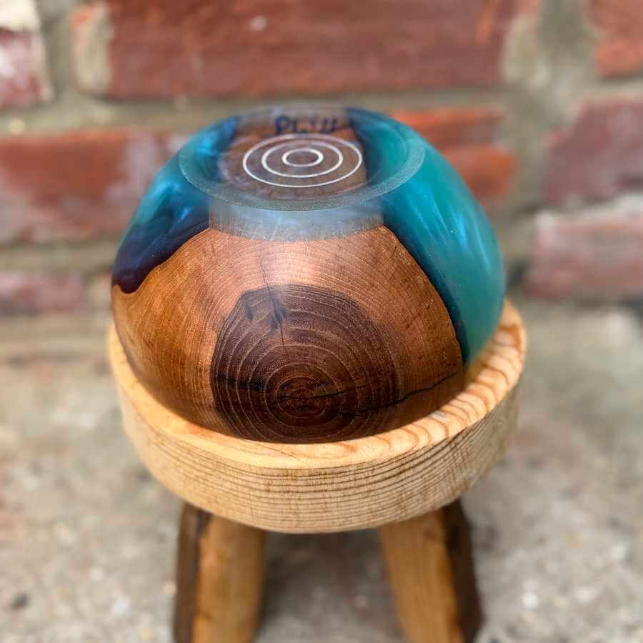 Golden Elm Wood & Blue Resin Handmade Yarn Bowl | Market Town Yarns