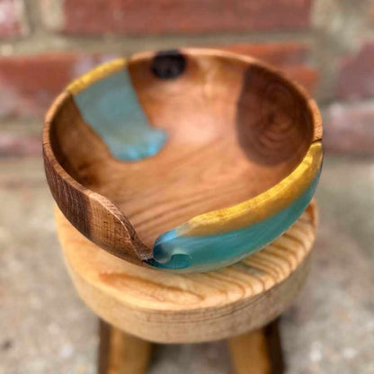Golden Elm Wood & Blue Resin Handmade Yarn Bowl | Market Town Yarns
