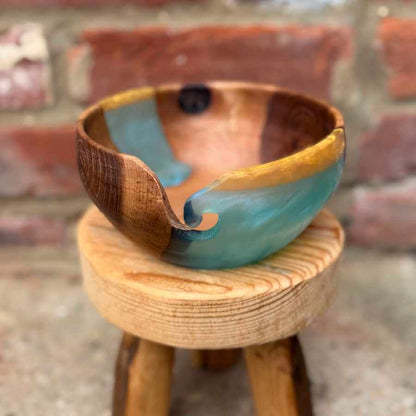 Golden Elm Wood & Blue Resin Handmade Yarn Bowl | Market Town Yarns
