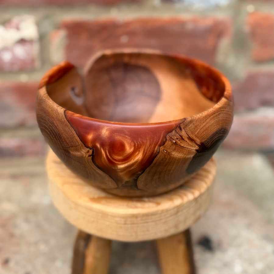 Golden Elm Wood & Orange Resin Handmade Yarn Bowl | Market Town Yarns