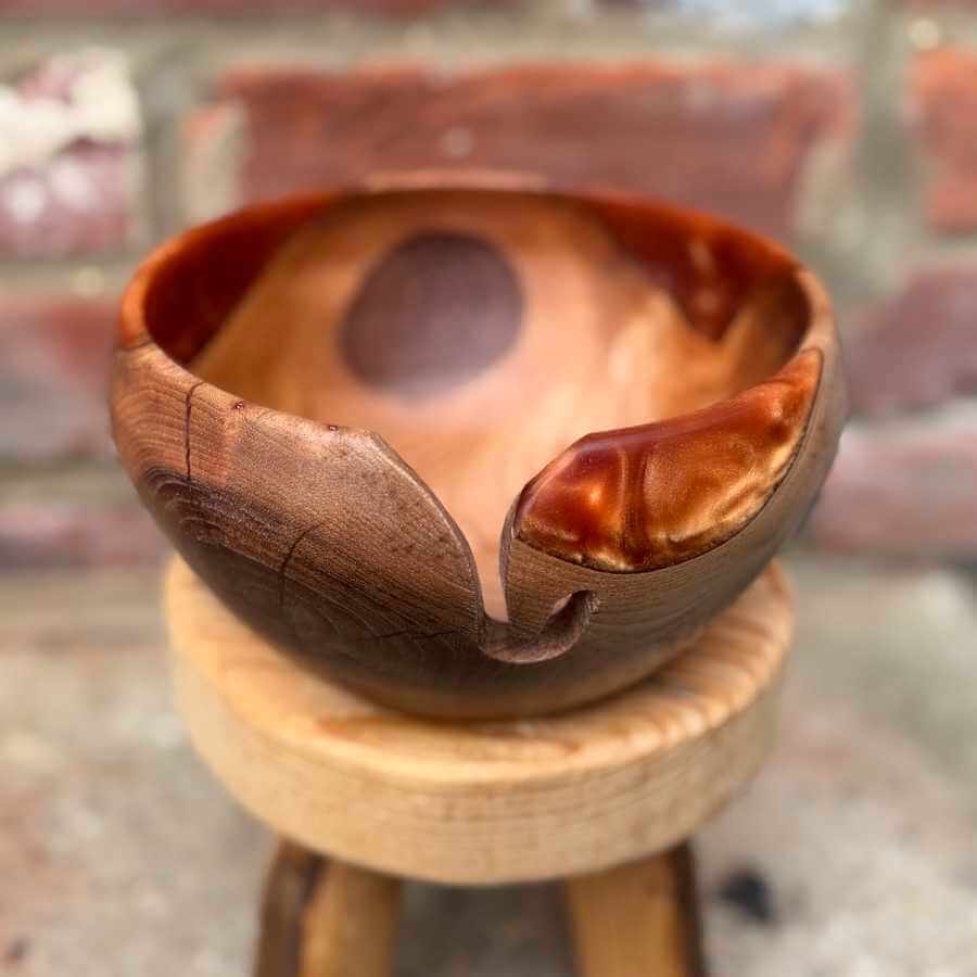 Golden Elm Wood & Orange Resin Handmade Yarn Bowl | Market Town Yarns
