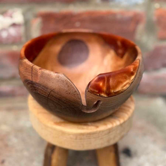 Golden Elm Wood & Orange Resin Handmade Yarn Bowl | Market Town Yarns
