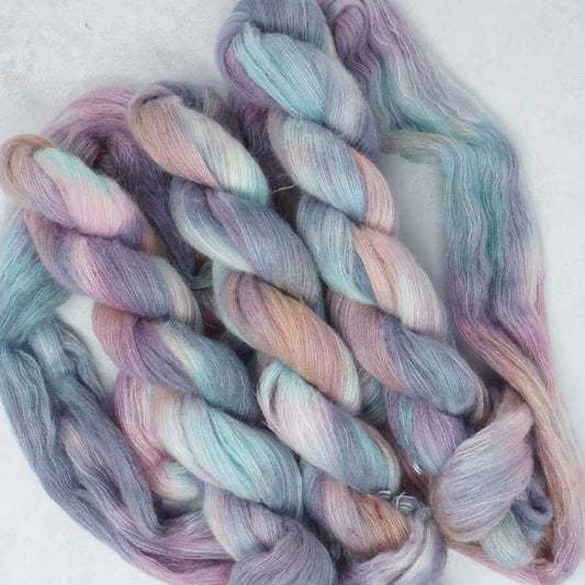 Ice Blast hand dyed yarn colourway shown on Cashmere Silk Halo Lace base | Market Town Yarns