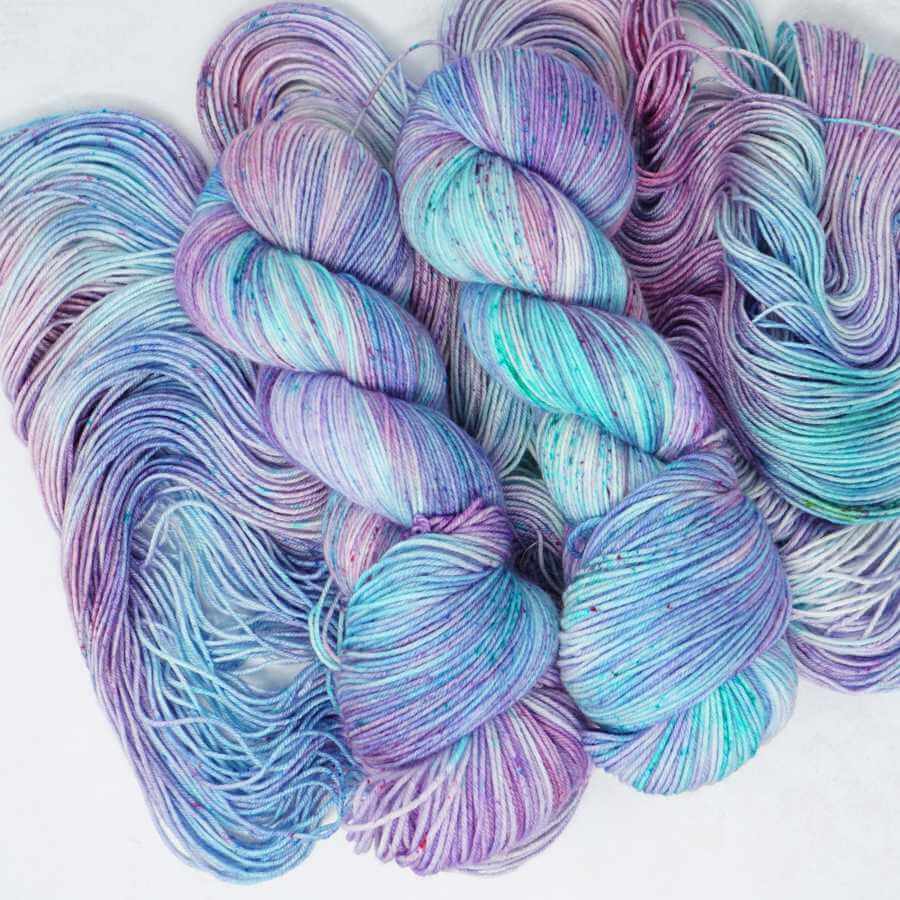 Lilac Lagoon hand dyed yarn colourway shown on Squishy Sock base | Market Town Yarns