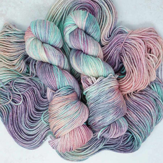 Ice Blast hand-dyed yarn by Market Town Yarns in frosted aqua, soft lavender, icy pink and silvery pastel tones