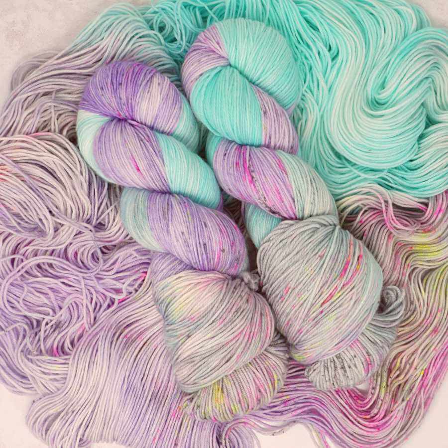Monstropolis hand dyed yarn colourway shown on Squishy Sock base | Market Town Yarns