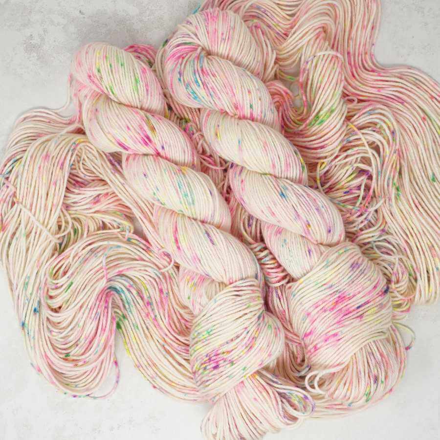 Neon Sorbet hand dyed yarn colourway shown on Cotton Merino Classic DK base | Market Town Yarns