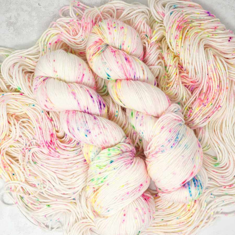 Neon Sorbet hand dyed yarn colourway shown on Squishy Sock base | Market Town Yarns
