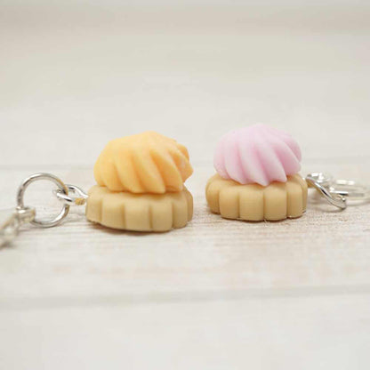 Two small keychains shaped like ice cream cones with pink and yellow tops on a light background | Market Town Yarns